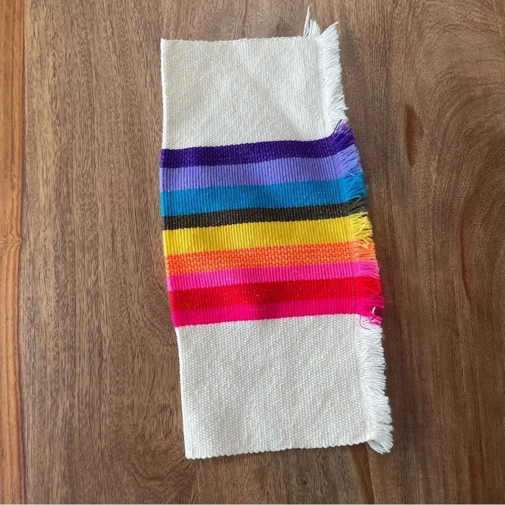 Striped Rainbow Fringe Edge Placemat Square Corners Set of 4 Picnic Retro Bright